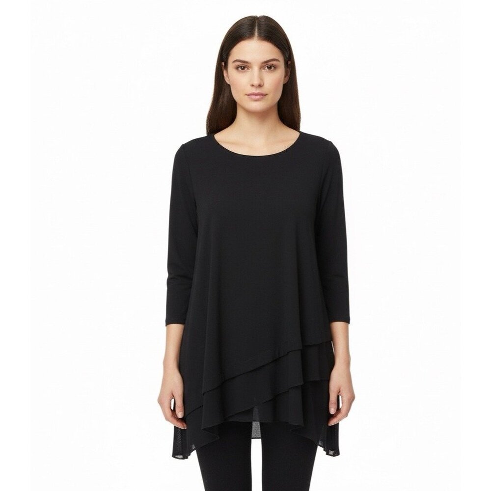 Alfani Womens Black Layered Hem Tunic Top 3/4 Sleeve Stretchy Lightweight Size S